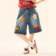 Hamburger Fries Towel Embroidered Quarter Jeans for Hot Girls Summer Loose Denim Mid-Pants Wide-Leg Straight Quarter Pants