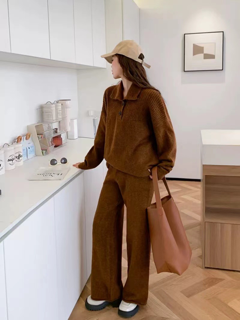 Herbst und Winter neuer Anzug lässiger Pullover Polokragen Strickpullover weite Beinhose zweiteiliges Set für Damen_voghion.com