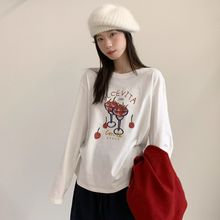 白色纯棉樱桃杯印花长袖T恤女2025春秋季爆款美式宽松设计感上衣