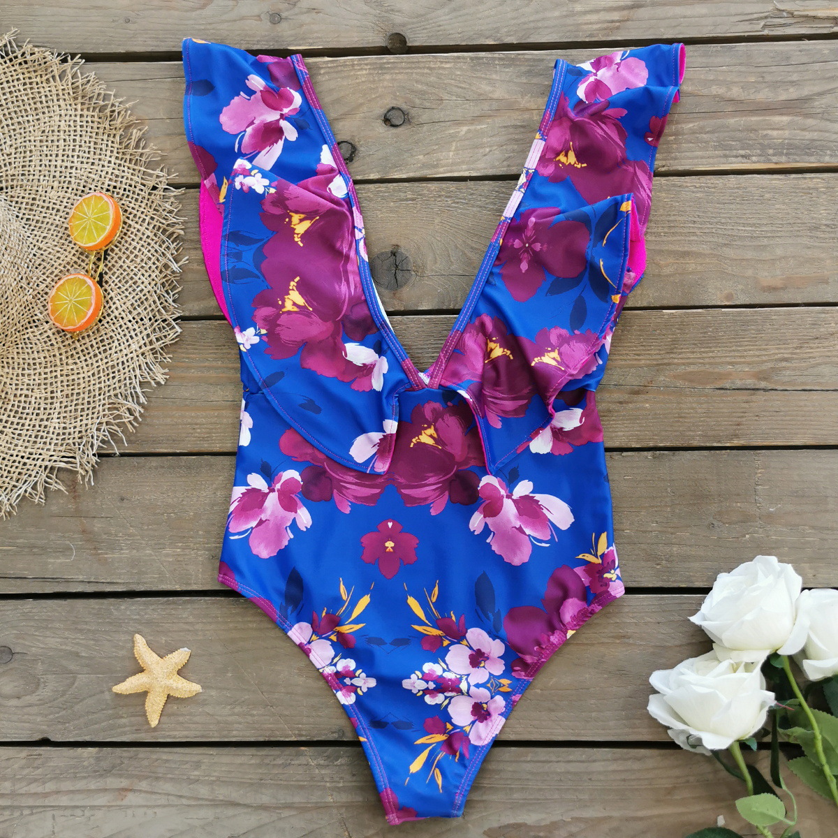 291g Weight Sleeveless Sleeve Length Polyester Fabric Type Short Top Length One-pieces Tops Type 1 Piece Quantity Swimming Occasion V Neck Neckline Slim Fit Type Flower Pattern Women's Gender Vacation Style Women's Vacation Flower 1 Piece One Piece Swimwear 22