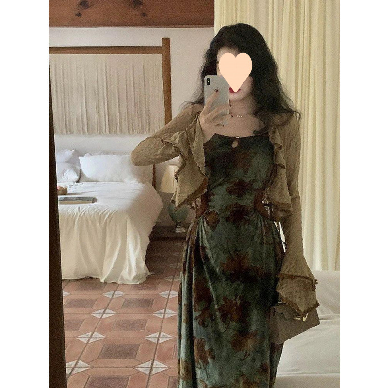 大碼胖秋季法式氣質復古印花連衣裙+顯瘦修身外搭開衫兩件套裝