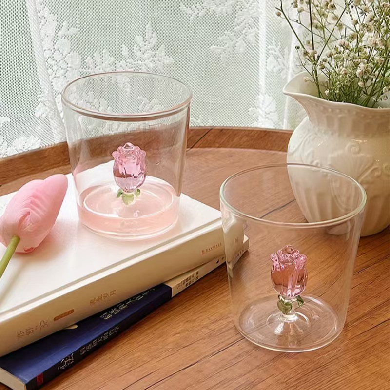 Ins Style High-grade Rose Three-dimensional Glass Light Luxury Girl's Heart Transparent Wine Glass High Temperature Resistant Single-layer Water Cup