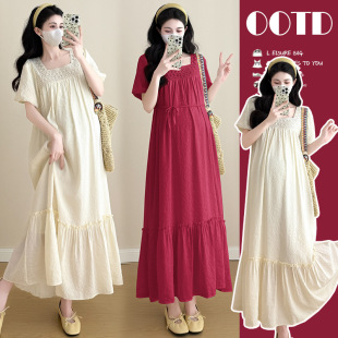 Maternity 2025 Summer New Sweet Fashion French Square Collar Age Reducing Loose plus size Pregnant Women dress