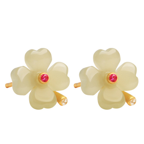  new four-leaf clover and field jade earrings for women, national style, versatile earrings, high-end fashion earrings