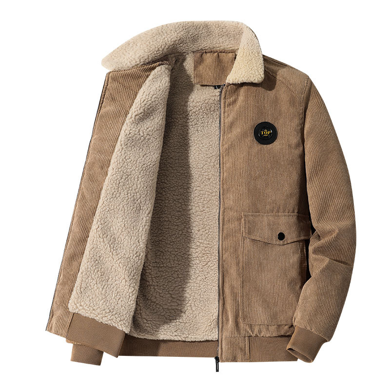Chaqueta de pana para hombre con múltiples bolsillos, estilo vintage de ropa de trabajo, forro polar de invierno, lana de cordero engrosada, corte holgado, cuello vuelto, abrigo de algodón, transfronterizo.