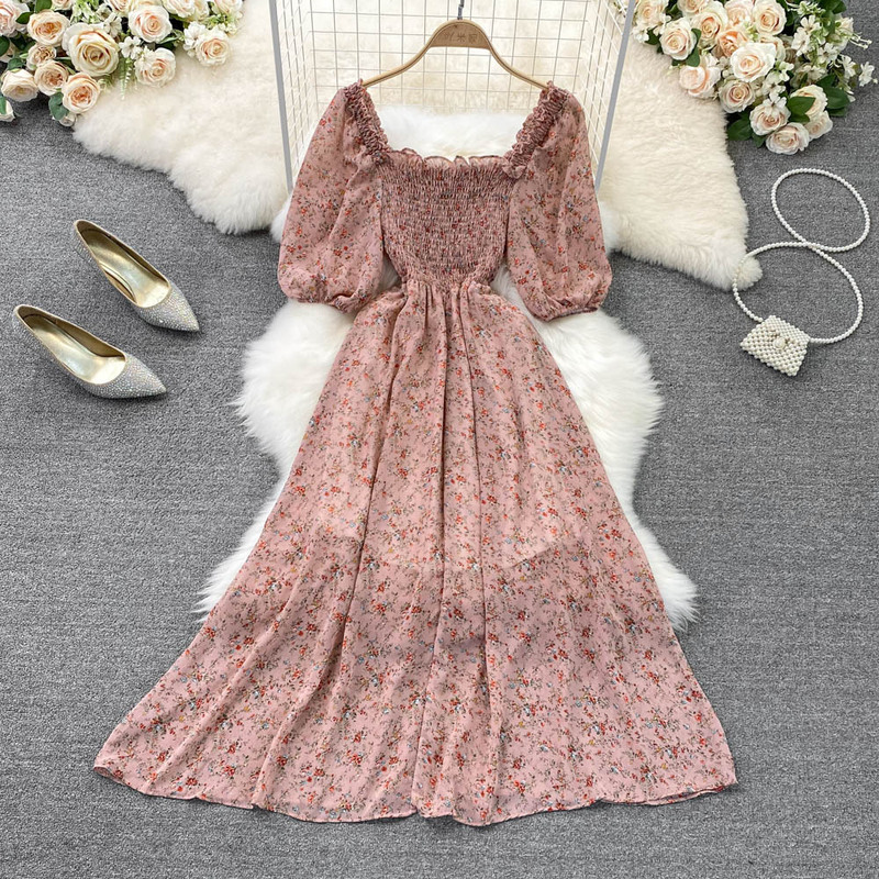 2022 Summer New First Love Skirt Square Collar Floral Chiffon Skirt Tea Break Sen Style Platycodon Grandiflorum Skirt A- shaped dress 2022 Summer New First Love Skirt Square Collar Floral Chiffon Skirt Tea Break Sen Style Platycodon Grandiflorum Skirt A- shaped dress