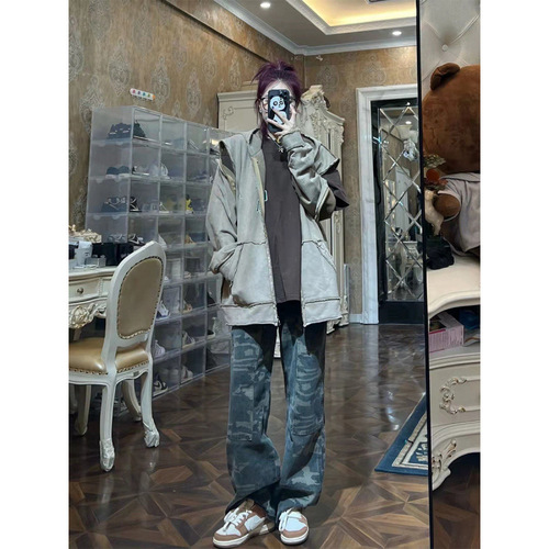 American Retro Camouflage Women's Spring Autumn High-Waisted Straight Leg Loose Wide Leg Work Pants High Street Ins Trend