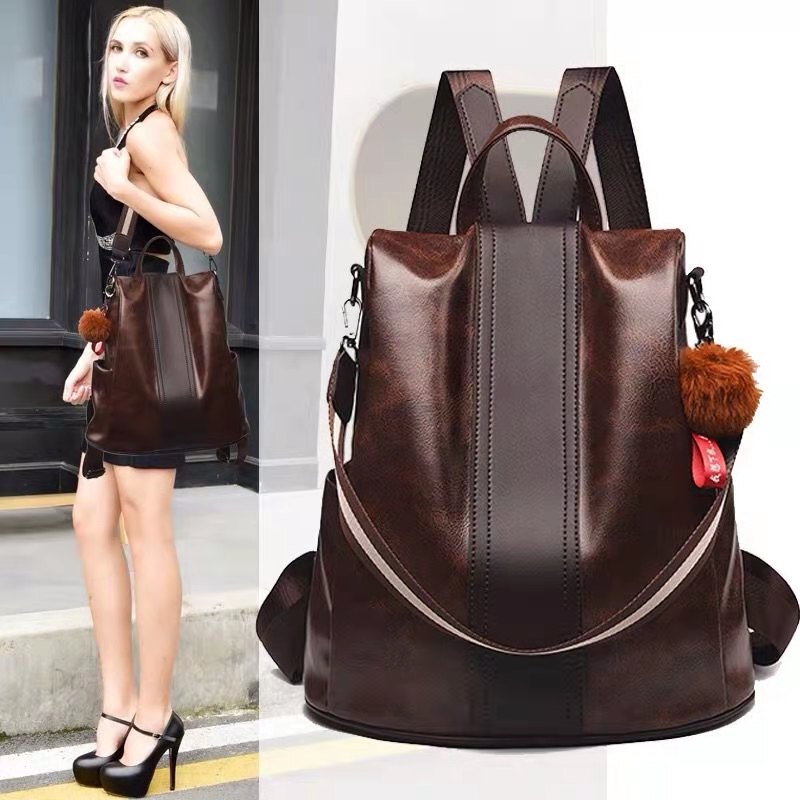New Oil Leather Backpack for Women K-Style Trendy Pu Soft Leather Backpack Anti-Theft Multi-Purpose Women's Bag Cross-Border Dropshipping Cross-Border Bag
