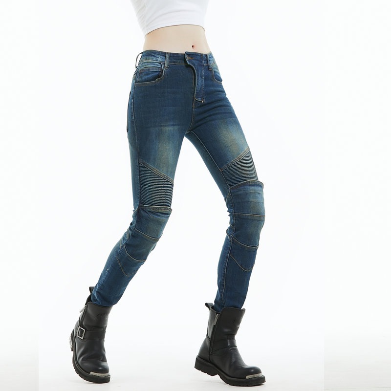 Pantalones vaqueros de la motocicleta de las mujeres retro angustiado casual motocicleta pantalones de montar Caballero de las mujeres estiramiento pantalones anti-caída 114-3