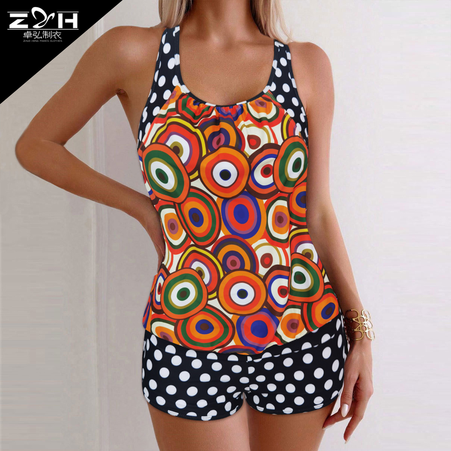 Nuevo estilo de comercio exterior europeo y americano, traje de baño conservador con estampado de lunares, bóxer dividido transfronterizo para mujer, traje de baño tangini de dos piezas