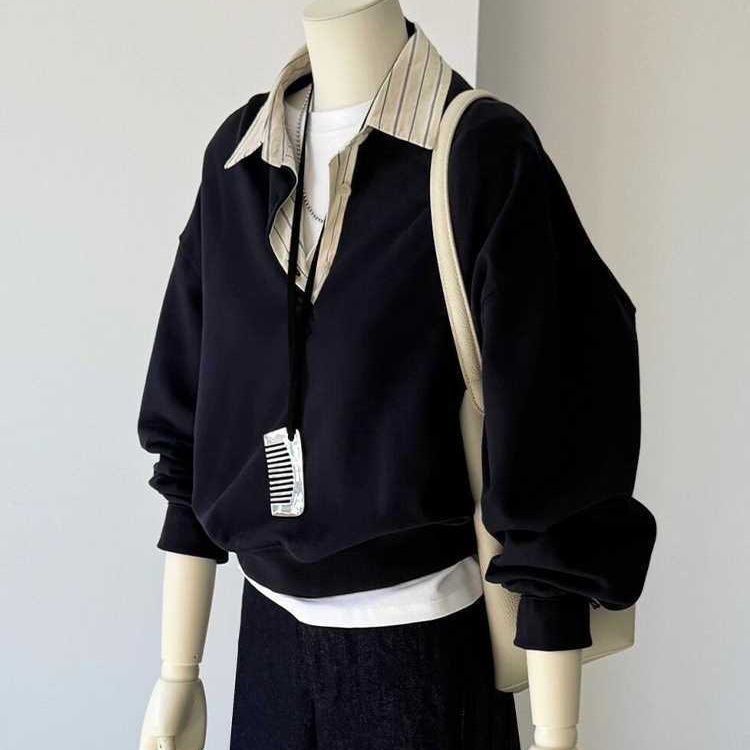 Highly Recommended! Spring New Arrivals ~ Korean Style Black Turn-Down Collar Faux Two-Piece Design Versatile Loose Cotton Sweatshirt for Women Trendy