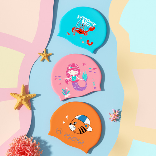 Children's Swimming Cap Mermaid Girls Cute Cartoon Silicone Waterproof Fitting Non-Stretching Professional Ear Protection Swimming Cap