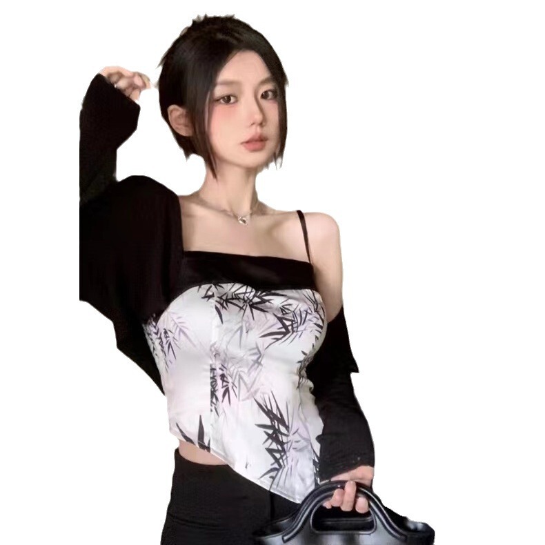 新中国式レトロな水墨画のストラップの小さいベストの女性の夏の純欲の甘いギャルの不規則な短いタイプは胸の上着を拭きます。|undefined