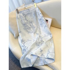 新しい中国風の女性のスカートハイウエスト気質ストレート A ラインヒップスカート刺繍夏のスカート A3414
