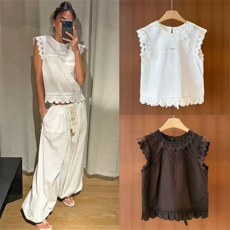 French-Style Niche 26Th Spring/Summer New Vintage Embroidered Hollow Lace Trim Round-Neck Tie-Back Babydoll Shirt French-Style Niche 26Th Spring/Summer New Vintage Embroidered Hollow Lace Trim Round-Neck Tie-Back Babydoll Shirt