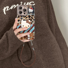 豹纹kt猫公仔适用苹果16promax手机壳iphone13冰川纹15带挂绳14女