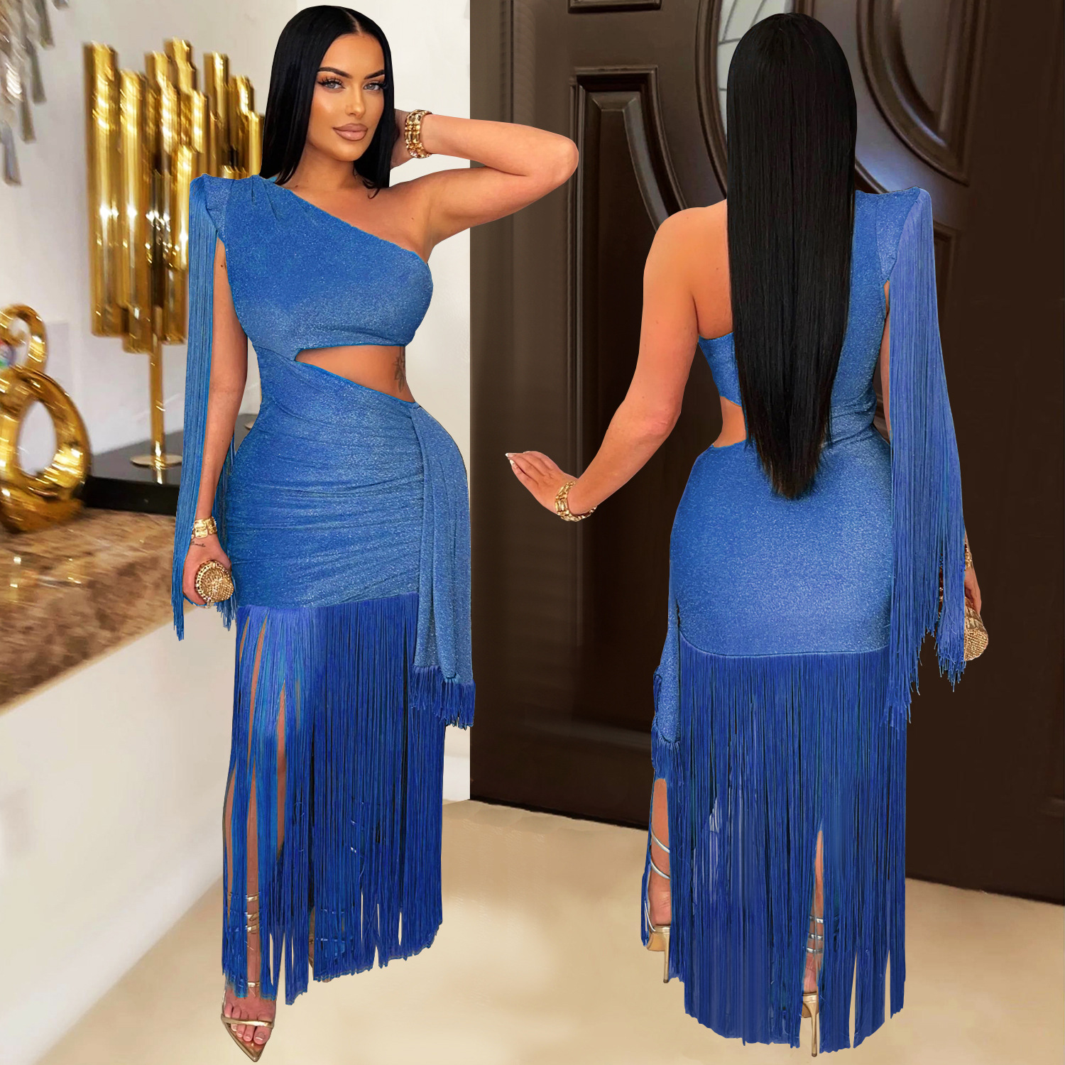 C7428 Cross-border AliExpress Amazon Moda europea y americana Vestido de falda larga con flecos de un solo hombro casual sexy para mujer