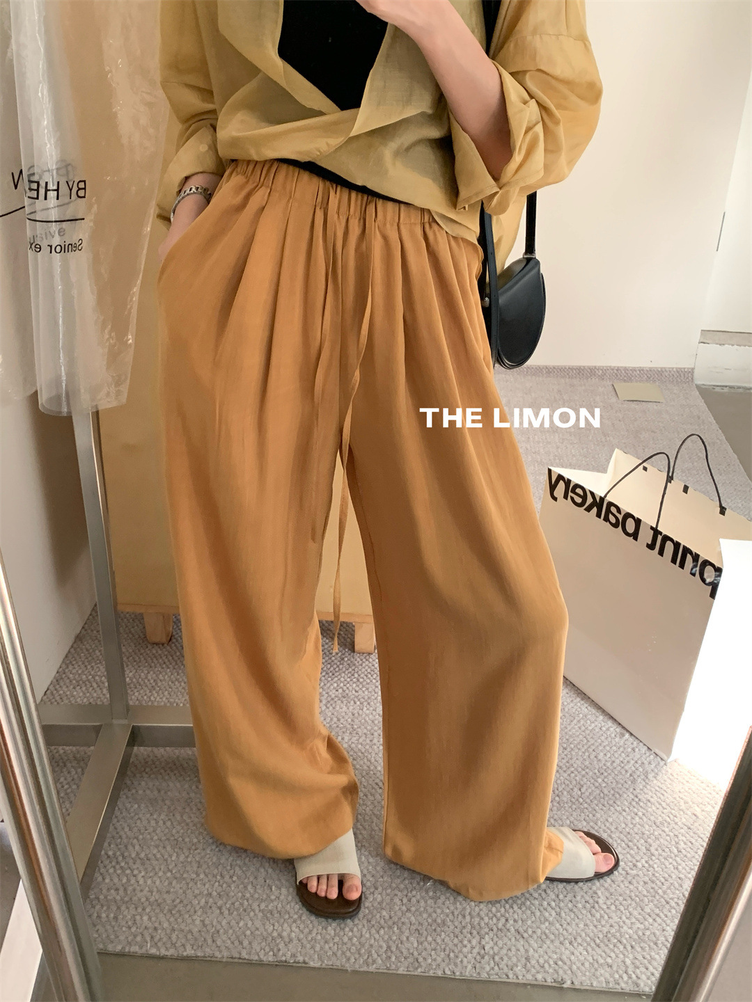 Liquidación, sin devoluciones ni cambios, color verde limón y té, pantalones rectos de pierna ancha con cordón elástico en la cintura para mujer, pantalones largos holgados, novedad de verano 2025. image 7