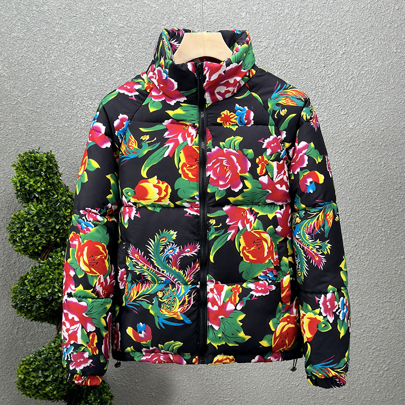Trendy red jacket, Northeast large flower cotton coat, men's personalized warm floral print, bread coat jacket_voghion.com