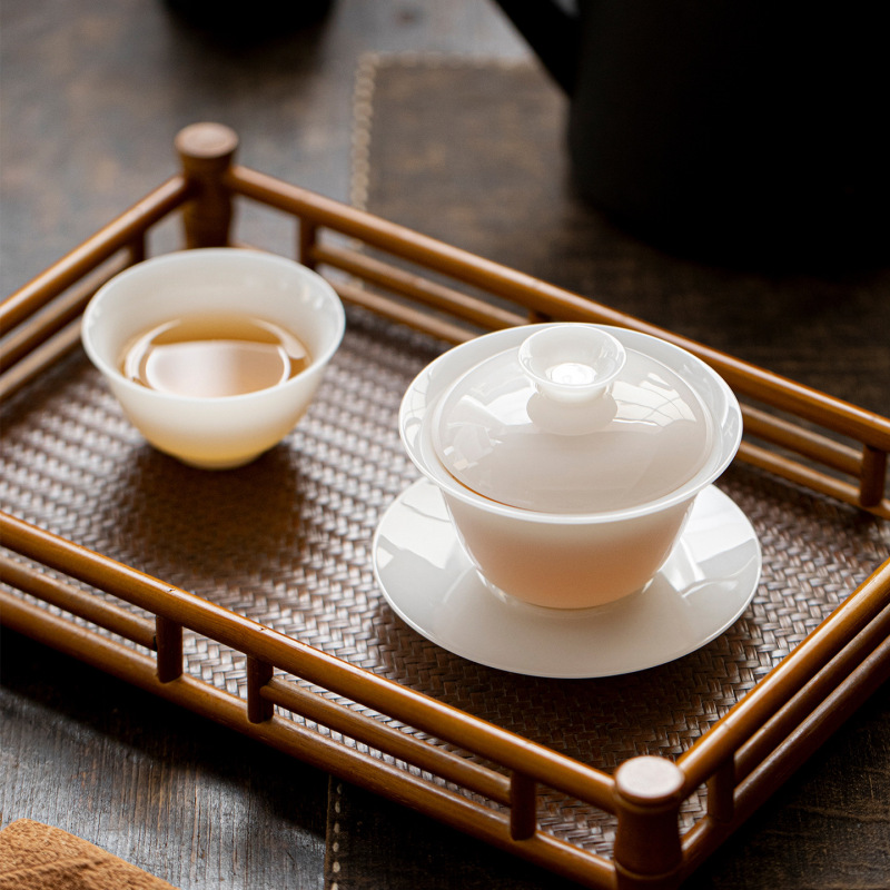 墨己璞玉茶具冰种羊脂玉瓷三才盖碗功夫茶具家用敬茶碗高档泡茶碗|undefined
