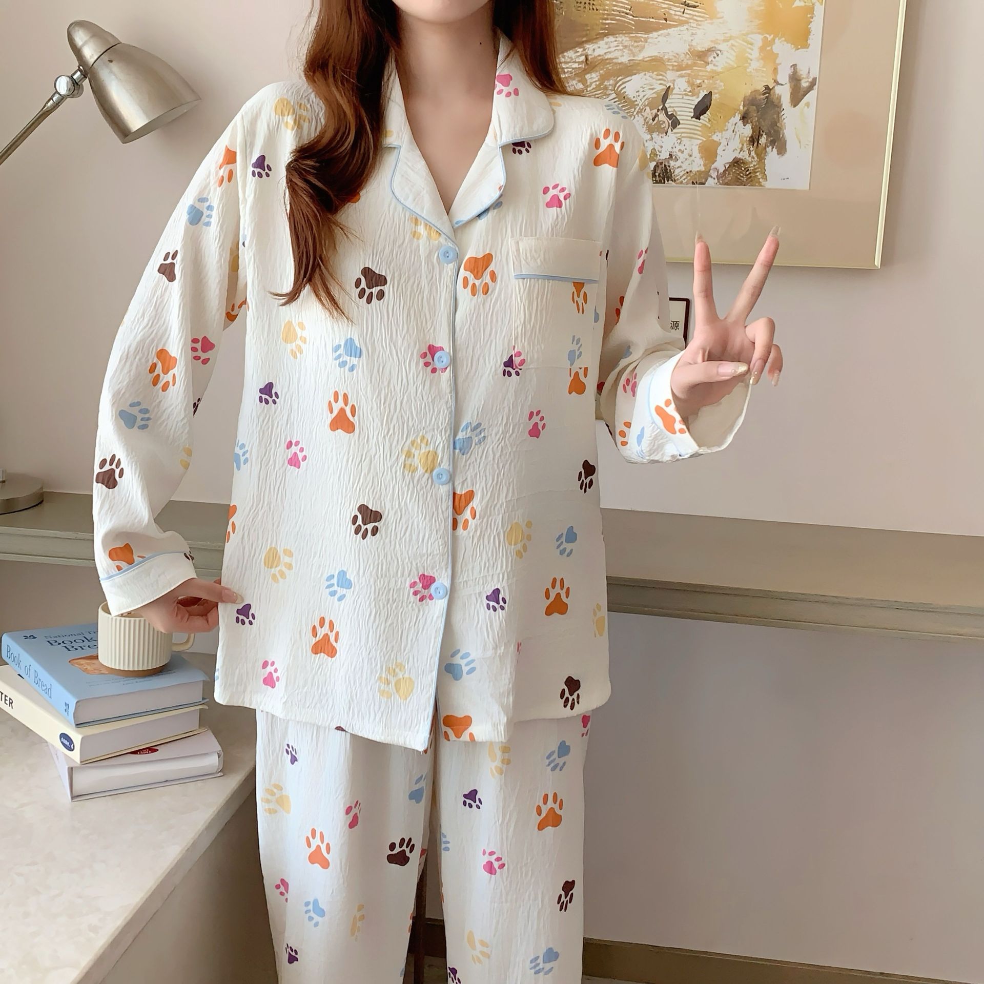 Al por mayor transfronterizo con cojín de pecho primavera y otoño dulce nubes de algodón cardigan de manga larga con solapa pijama de mujer estudiante conjunto de ropa para el hogar