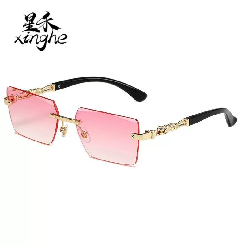 欧美跨境个性无边框豹子装饰街拍墨镜时尚通勤欧美潮切边太阳镜