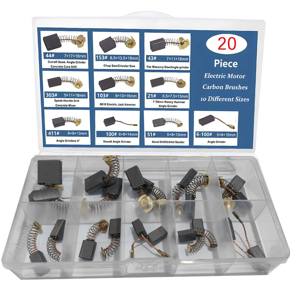 20 шт. угольные щетки двигателя содержат 10 угольных щеток различных спецификаций, подходящих для обслуживания двигателей с угольными щетками