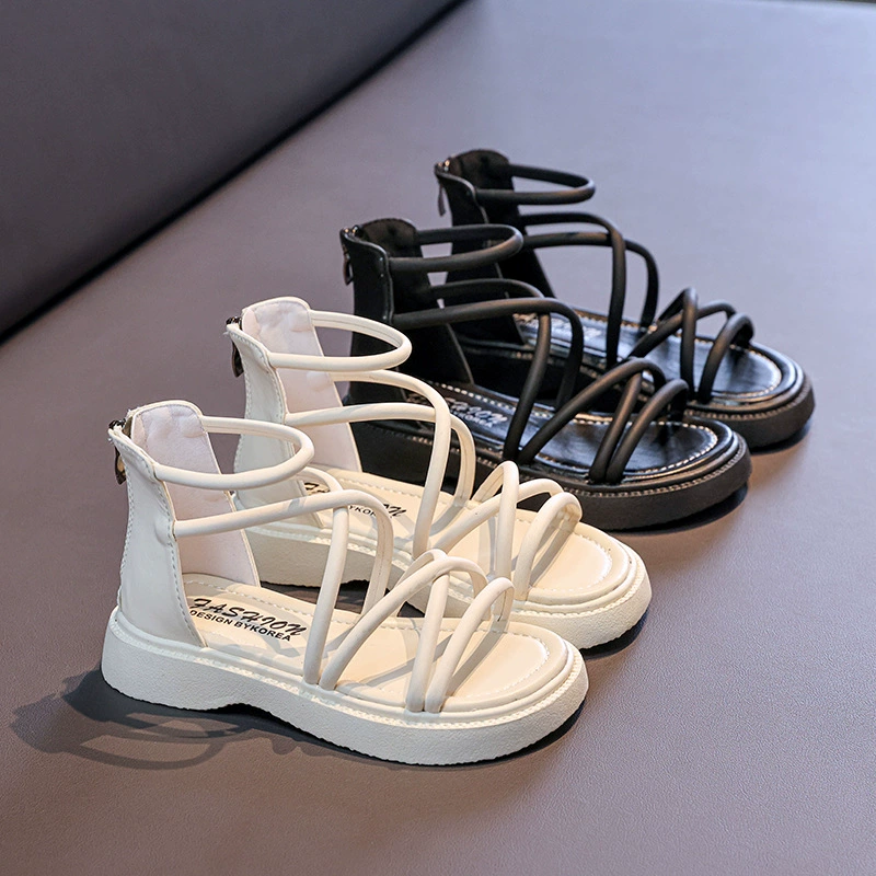 Детские римские туфли 2025 Летние новые девчушки сандалии с пальцами на молнии детская мода сандалии ретро оптом детская обувь