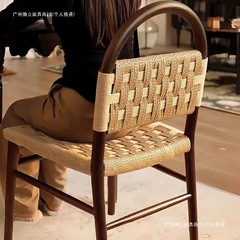 法式中古薇薇安餐椅绳编实木椅子复古客厅家用编织靠背休闲化妆椅