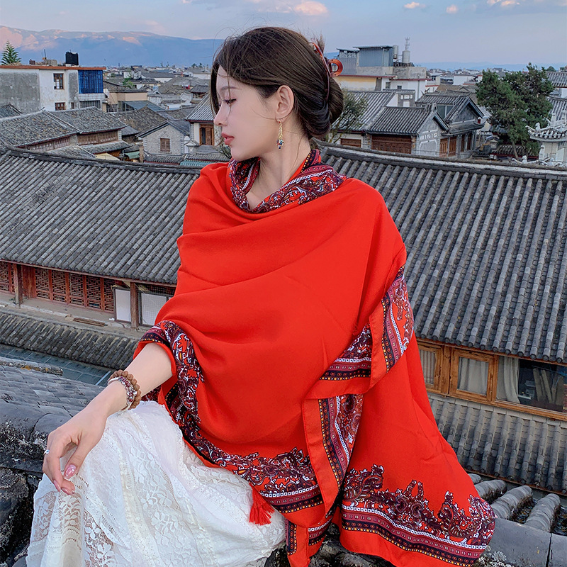 Estilo étnico algodón y lino siente gran bufanda larga borla bufanda viaje protector solar Toalla de playa mujer rojo vintage chal