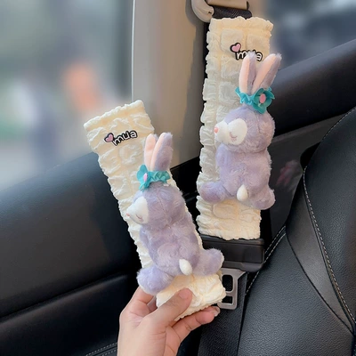 Seat belt shoulder pad: Plush Children's Couple Anti-Ram Neck - a-pair-of-lying-purple-rabbit-puff-shoulder-pads