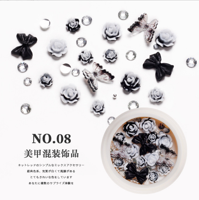 Manicura Nueva joyería retro negro Plum Salsa Camelia joyería arco perla clavo taladro conjunto caja