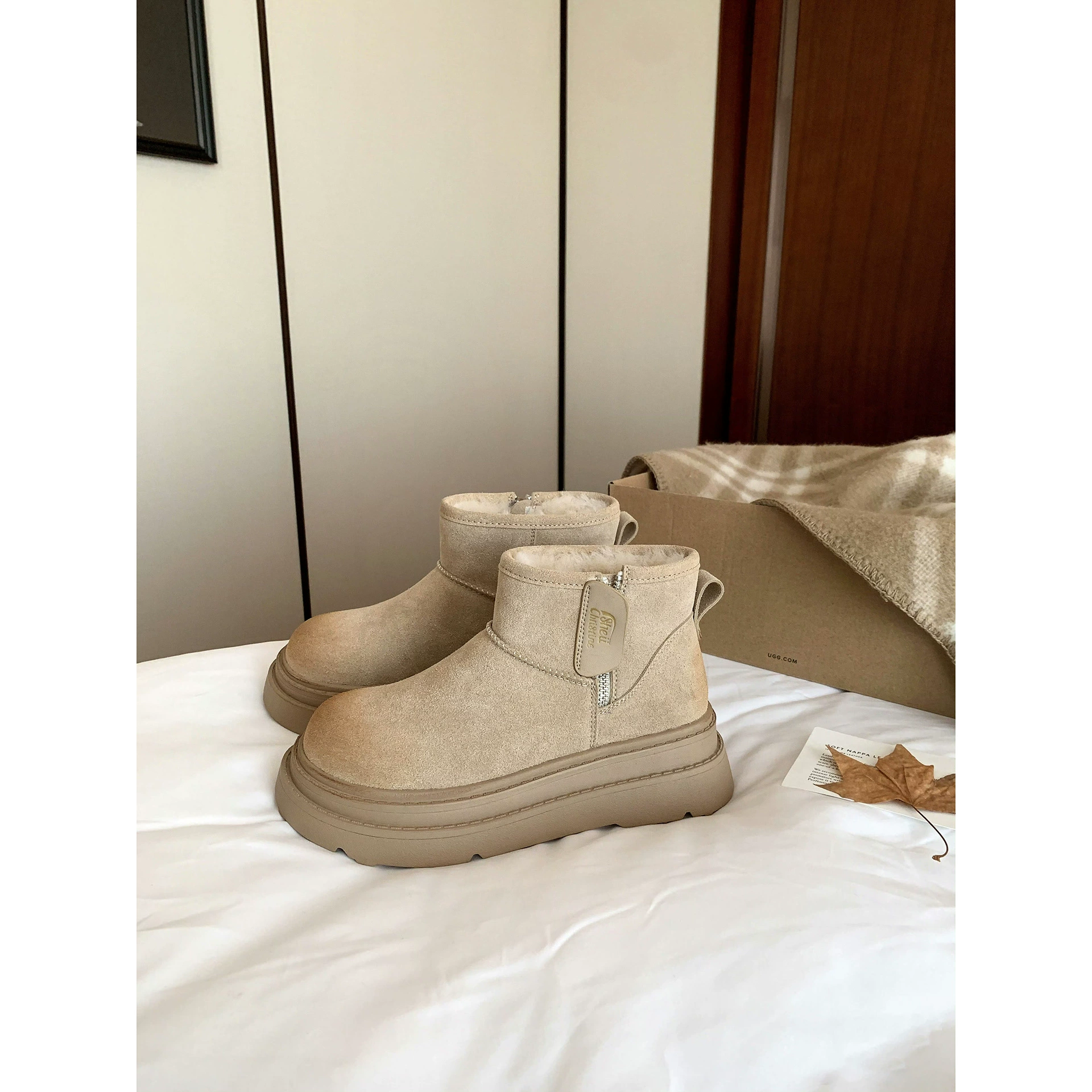 Fleece keep warm winter low boots with zipper platform, genuine leather