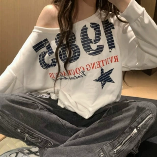 美式复古藏青色一字领露肩长袖t恤女秋季2026oversize辣妹卫衣女