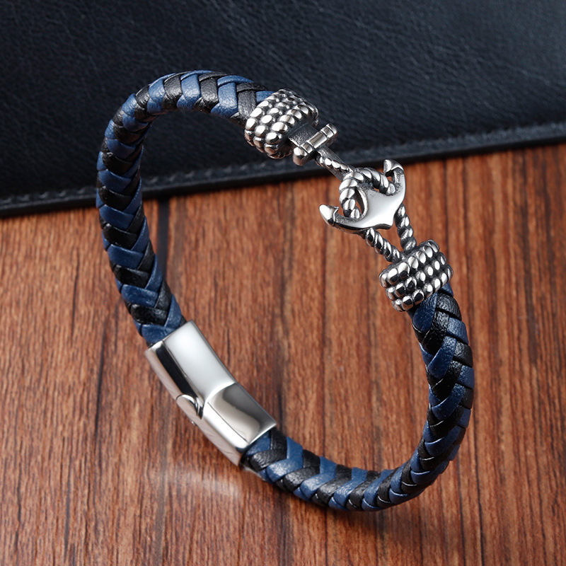 European and American men's titanium steel bracelet cowhide woven anchor stainless steel leather bracelet leather rope L20187
