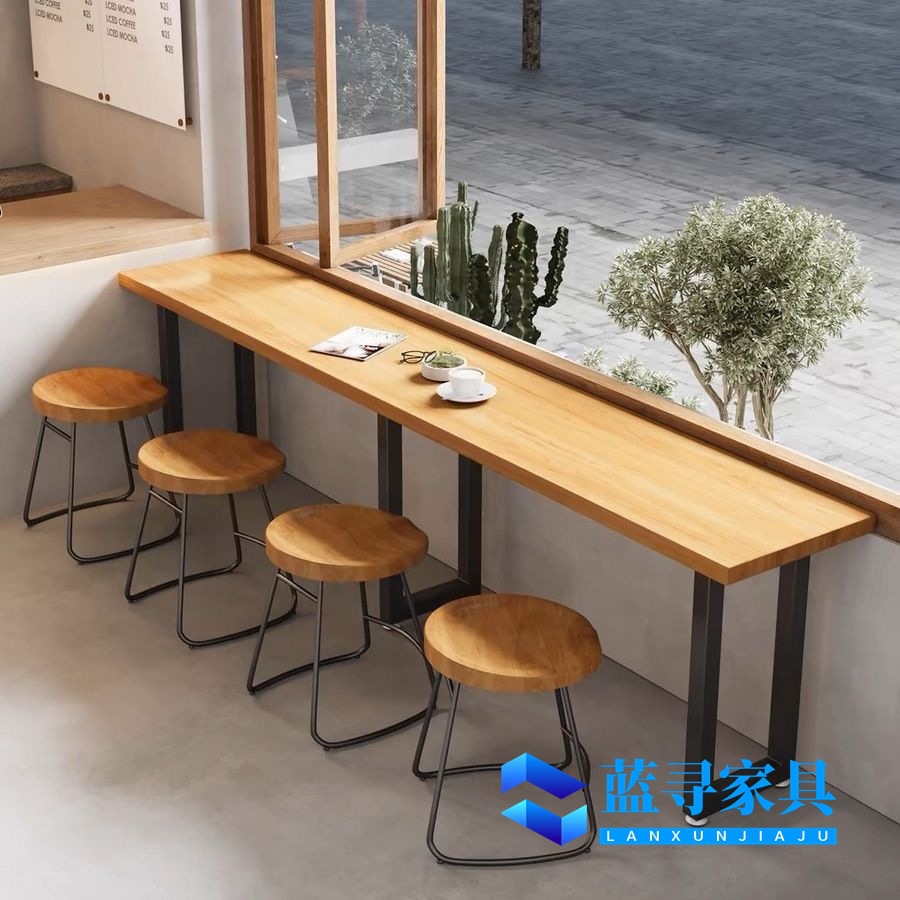 Low Bar Table, Industrial Style Convenience Store Snack Bar Bar Long Table, Narrow Dining Table and Chair Combination Against the Wall and Window