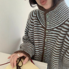 韩系翻领撞色条纹简约风针织开衫女2025秋冬季显瘦宽松毛衣外套
