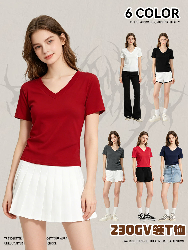 230g spandex yarn slim Joker shoulder V-neck T-shirt women's summer pure want solid color basic short sleeve jacket women wholesale