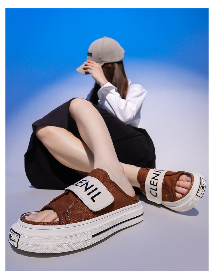 Canvas Slippers For Women Summer Flat Sandals With Velcro Strap_voghion.com
