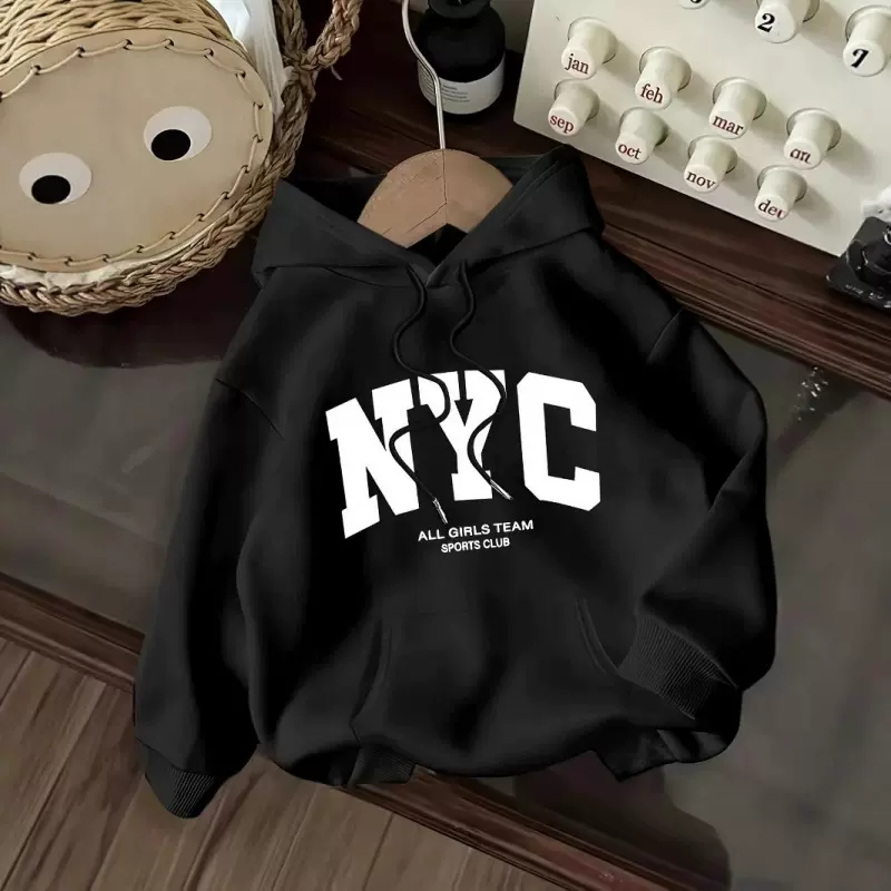 2025外贸女式加绒卫衣素色字母印花袋鼠口袋抽绳印花连帽衫卫衣