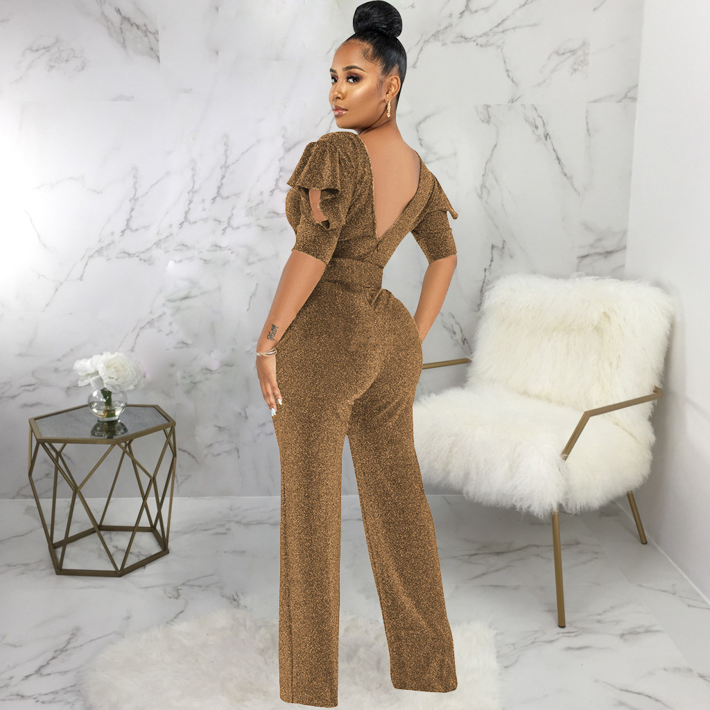 solid color V-neck high-stretch filigree jumpsuit NSMRF125935