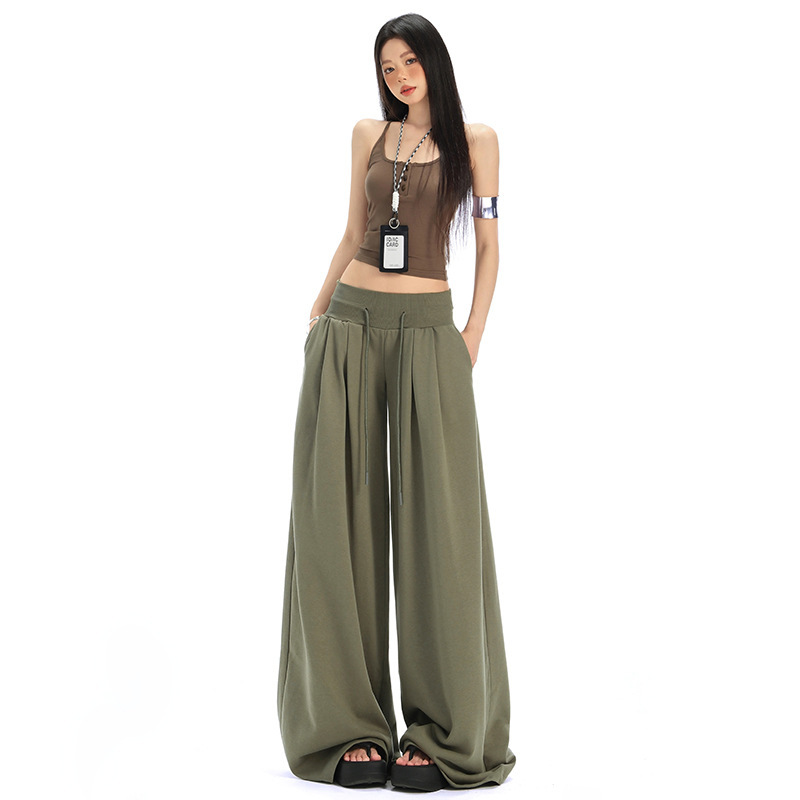 灰绿色运动卫裤女春秋2025新款夏季美式休闲低腰抽绳宽松阔腿裤子|undefined