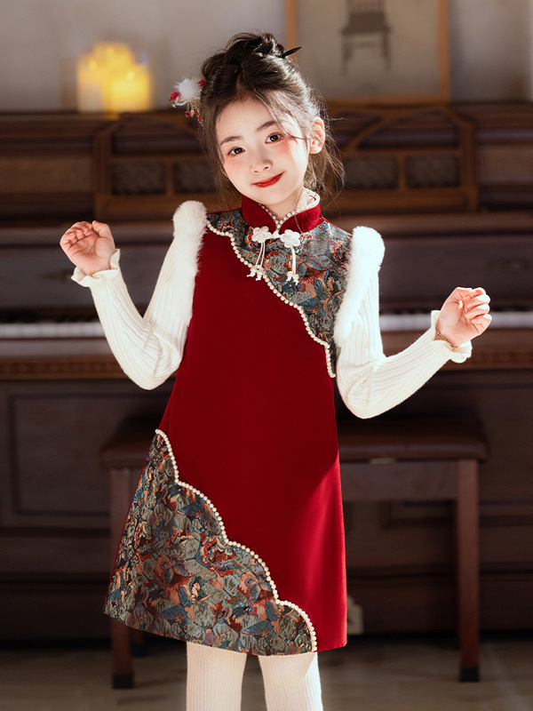 女の子のチャイナドレス冬のお祝い赤い中国風スーツ新しい中国風のボタンベスト唐スーツ新年服|undefined