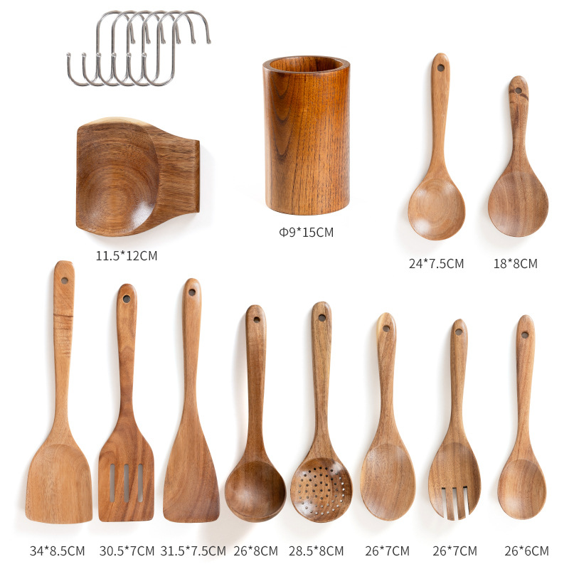 Paleta de madera para el hogar de acacia, pala para cocinar, pala, cuchara, utensilios de cocina, juego completo de palas antiadherentes, juego de espátula grande de madera