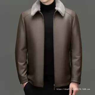 海宁皮衣男羽绒服外套中老年爸爸装皮夹克冬季加厚带毛领皮上衣
