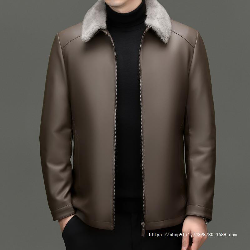 Haining Leather Jacket Men's down Coat for Middle-Aged and Elderly Dads, Winter Thickened Leather Jacket with Fur Collar