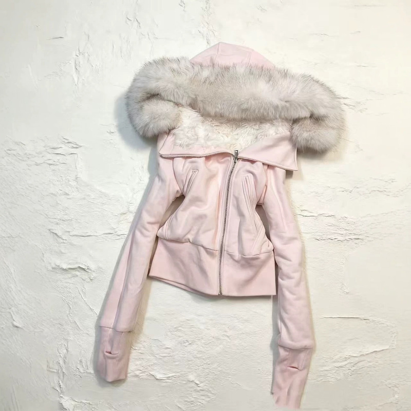 American retro vintage pink and green plush lined autumn and winter fur collar hooded zip-up slim-fit jacket American retro vintage pink and green plush lined autumn and winter fur collar hooded zip-up slim-fit jacket