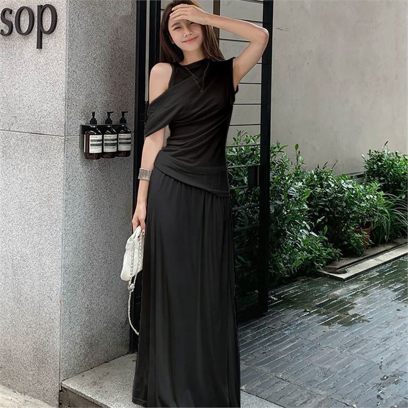高級気質スーツ フェイクツーピース スプライスオフショルダーTシャツ 夏ドレープスカート Aラインロングスカート レディース2点セット|undefined