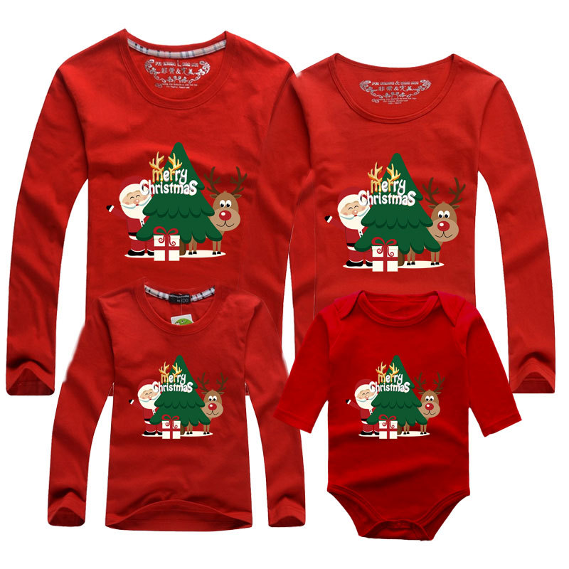 Rojo Santa Claus camisa de manga larga tocando fondo nuevo padre-niño ropa de los niños mono cuello redondo de los hombres y las mujeres de manga larga Camiseta