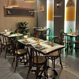 复古美式咖啡厅甜品店酒吧餐厅餐桌工业风实木岩板大理石桌椅组合